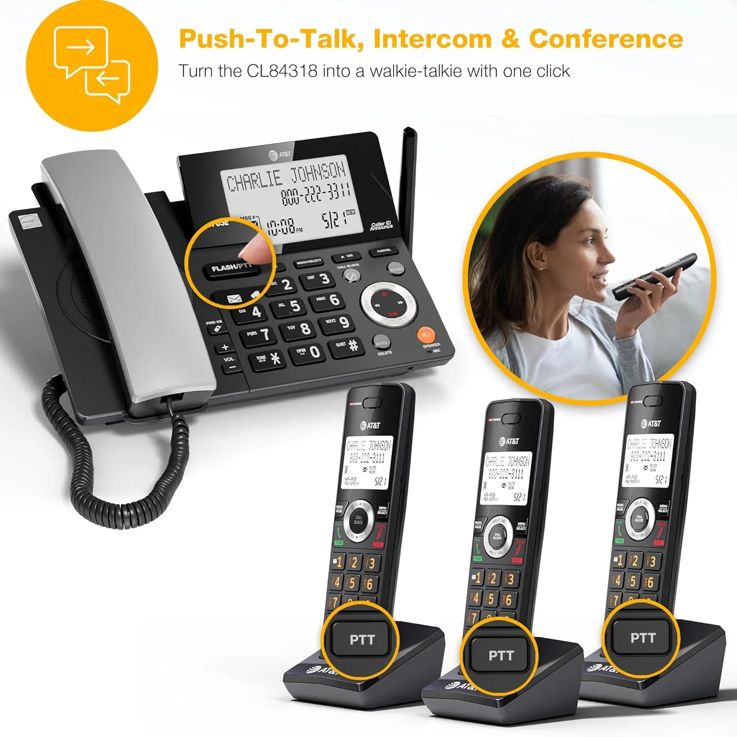AT&T DECT 6.0 Corded/Cordless Home Phone with 3-Handset and Answering Machine, Smart Call Blocker, Caller ID, Large Backlit Display, Big Button, Speakerphone, Intercom: CL84318 (Charcoal Black)
