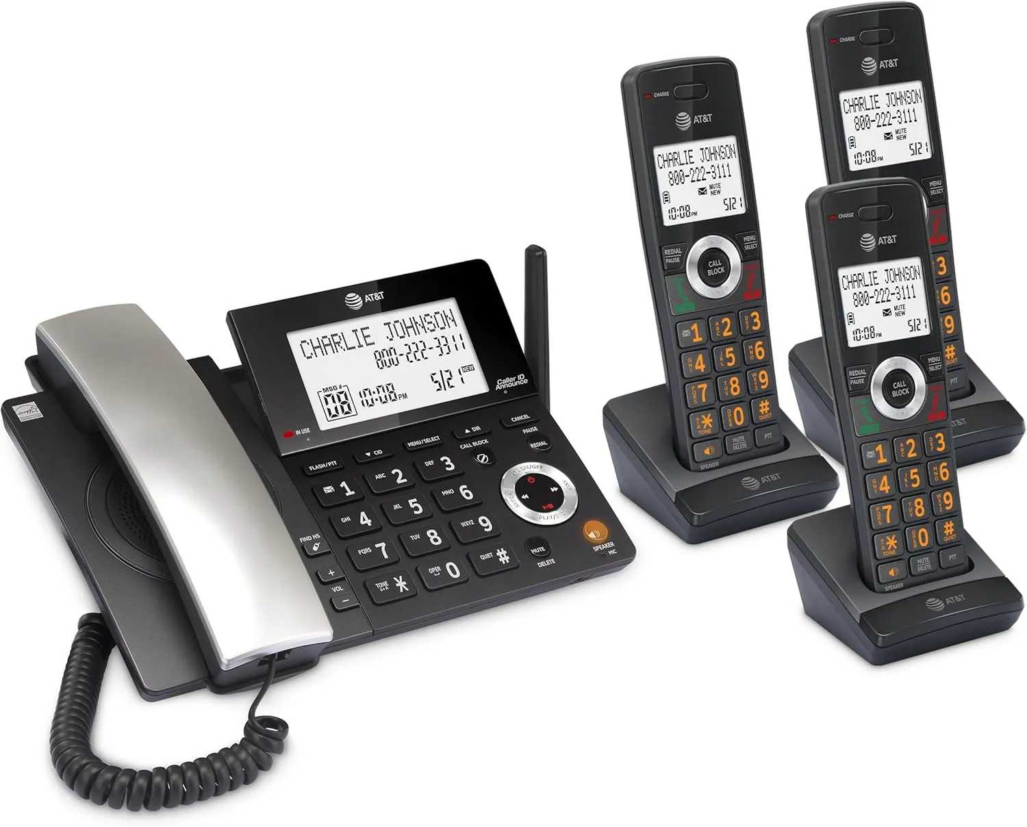 AT&T DECT 6.0 Corded/Cordless Home Phone with 3-Handset and Answering Machine, Smart Call Blocker, Caller ID, Large Backlit Display, Big Button, Speakerphone, Intercom: CL84318 (Charcoal Black)