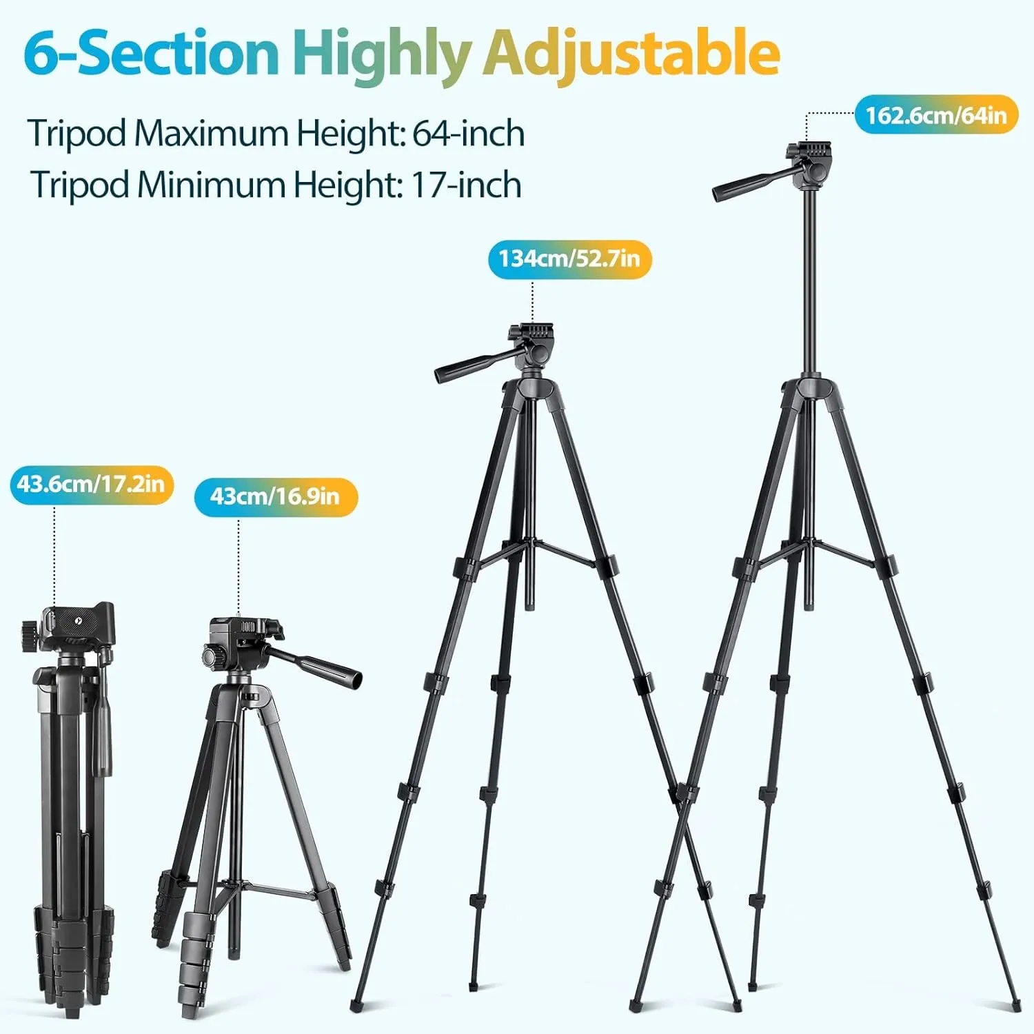 Aureday Phone Tripod Stand, 64 Extendable Cell Phone&Camera Tripod with Wireless Remote and Phone Holder, Aluminum iPad Tripod for Video Recording/Selfies/Live Stream/Vlogging