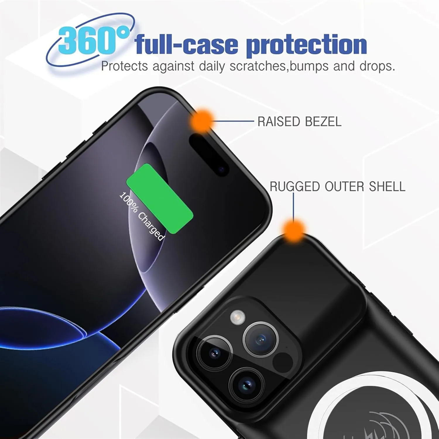 Battery Case for iPhone 16 Pro, Full Encircle 10000mAh High Capacity Rechargeable Portable Charger Case Extended Battery Pack for iPhone 16 Pro (6.3 inch) Wireless Charging Case with Carplay-Black