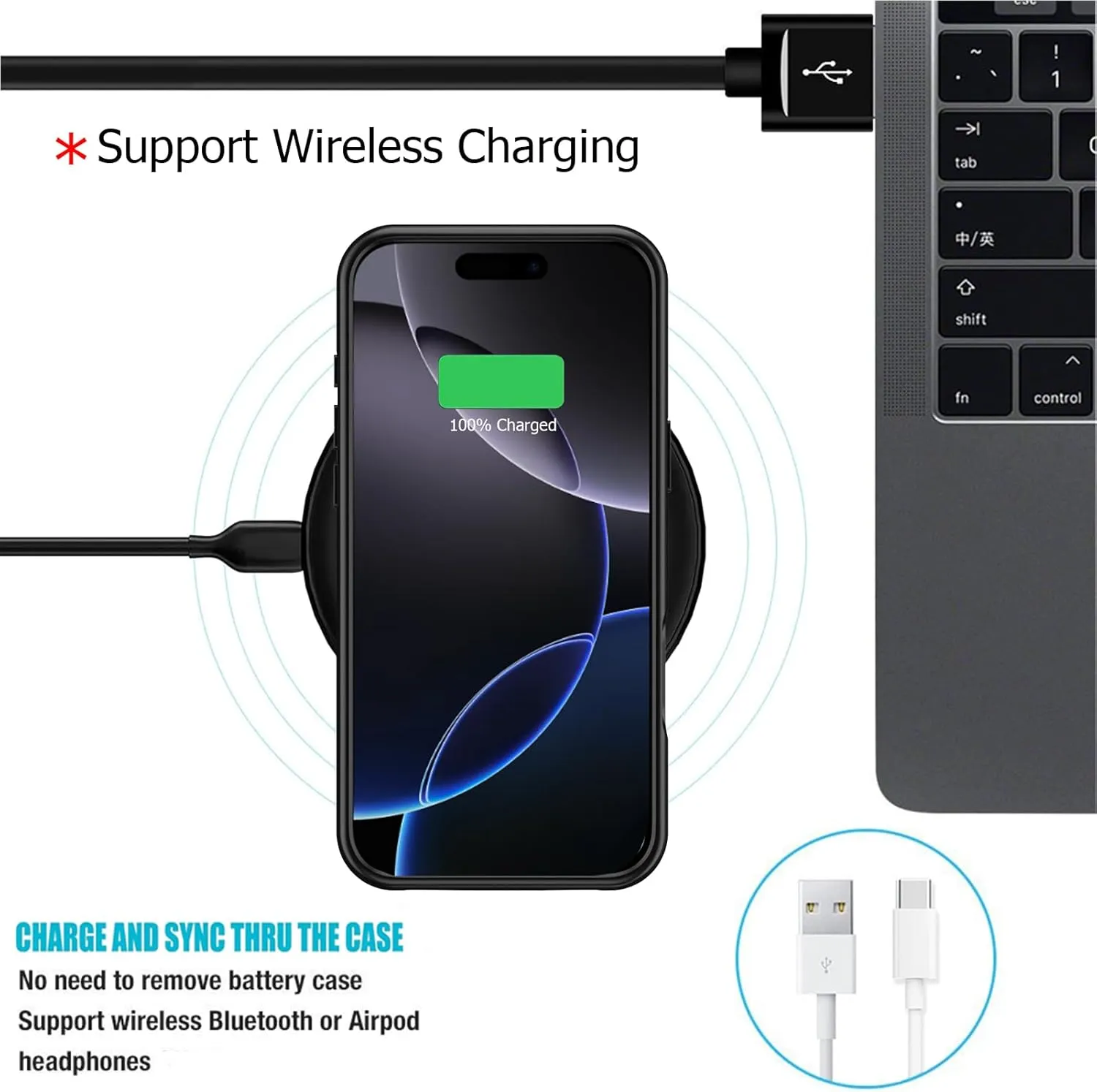 Battery Case for iPhone 16 Pro, Full Encircle 10000mAh High Capacity Rechargeable Portable Charger Case Extended Battery Pack for iPhone 16 Pro (6.3 inch) Wireless Charging Case with Carplay-Black