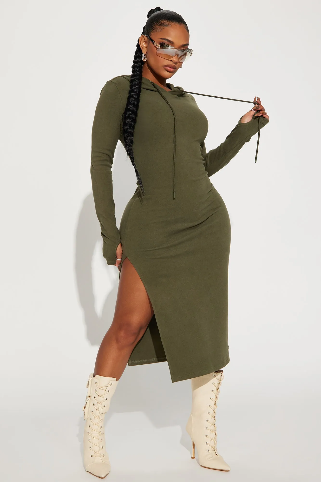 Becky Hooded Midi Dress - Olive