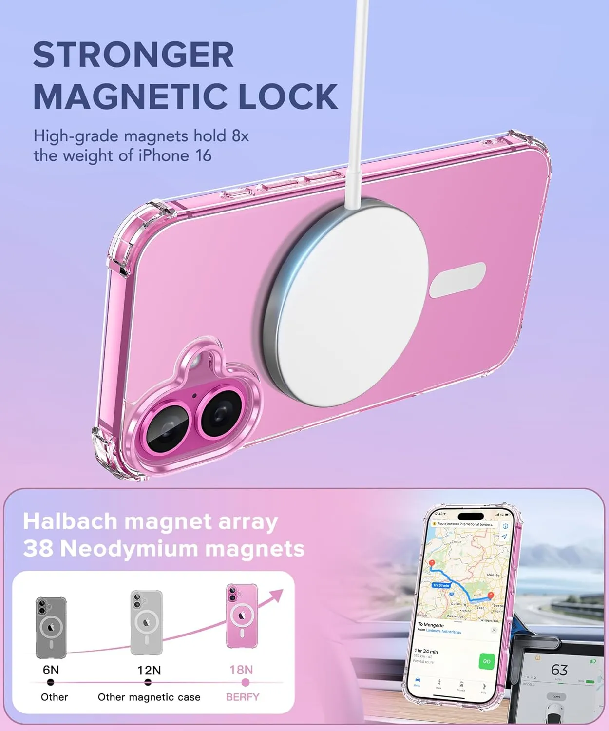 BERFY Compatible with iPhone 16 Case Glitter, [3 in 1] with Screen Protector   Camera Lens Protector, [Non-Yellowing] Clear Sparkle Slim Shockproof Hard Phone Cover for Women 6.1", Transparent