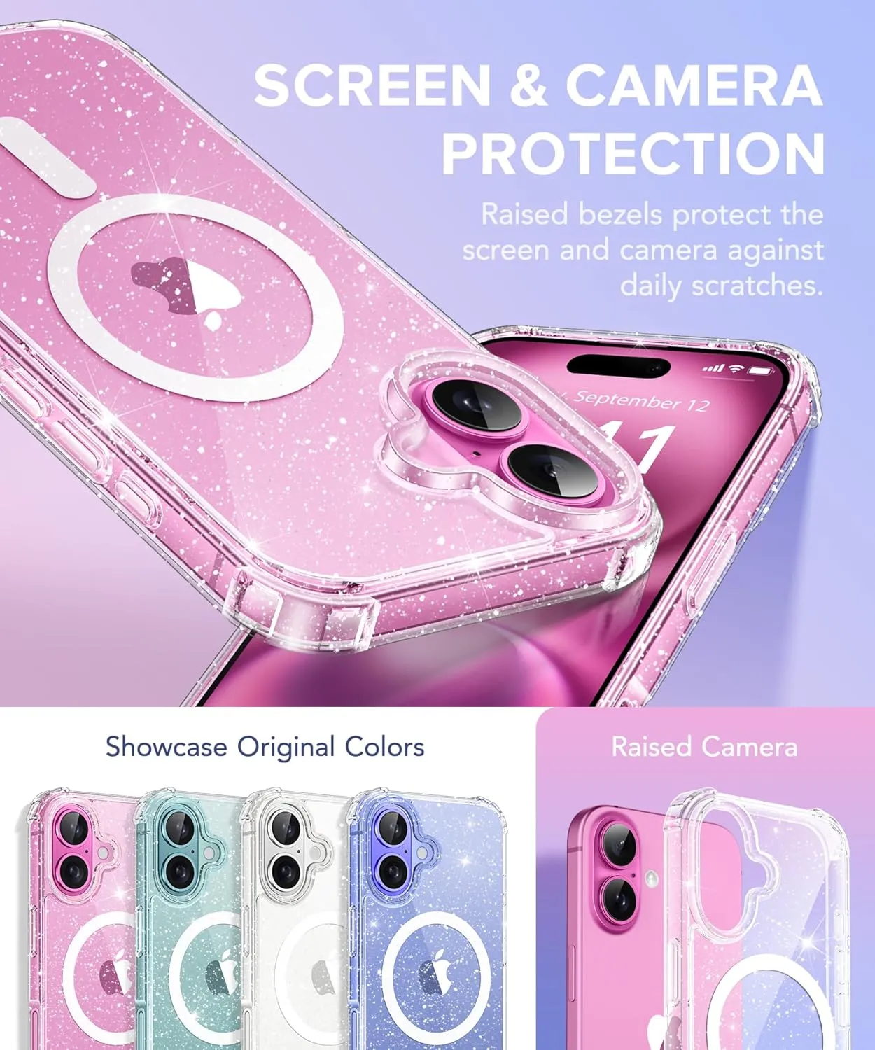 BERFY Compatible with iPhone 16 Plus Case, [Compatible with Magsafe], with 9H Tempered Screen Protector   Camera Lens Protector, Clear Sparkly Hard Phone Case for Women 6.7", Magnetic Shiny Clear