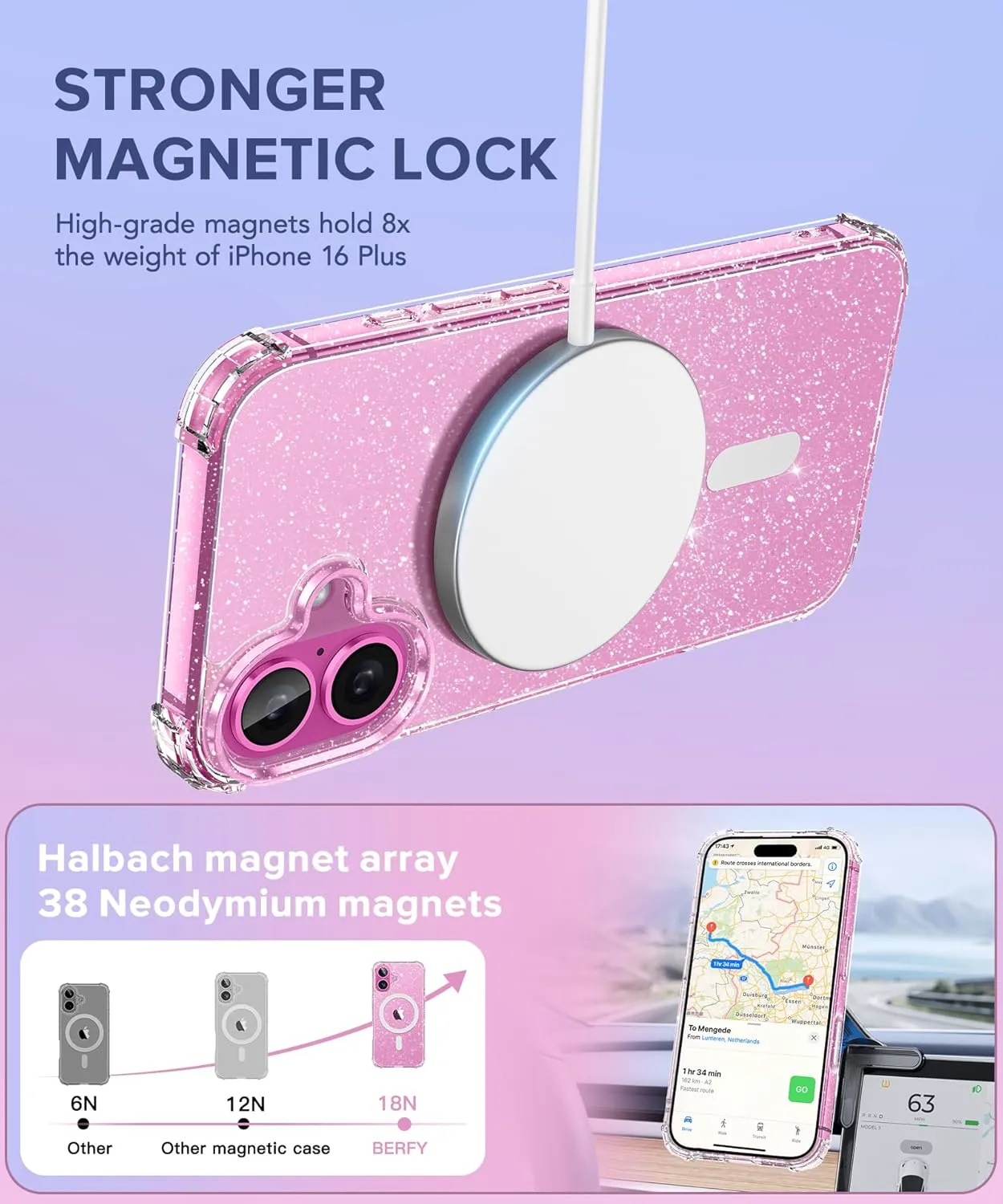 BERFY Compatible with iPhone 16 Plus Case, [Compatible with Magsafe], with 9H Tempered Screen Protector   Camera Lens Protector, Clear Sparkly Hard Phone Case for Women 6.7", Magnetic Shiny Clear