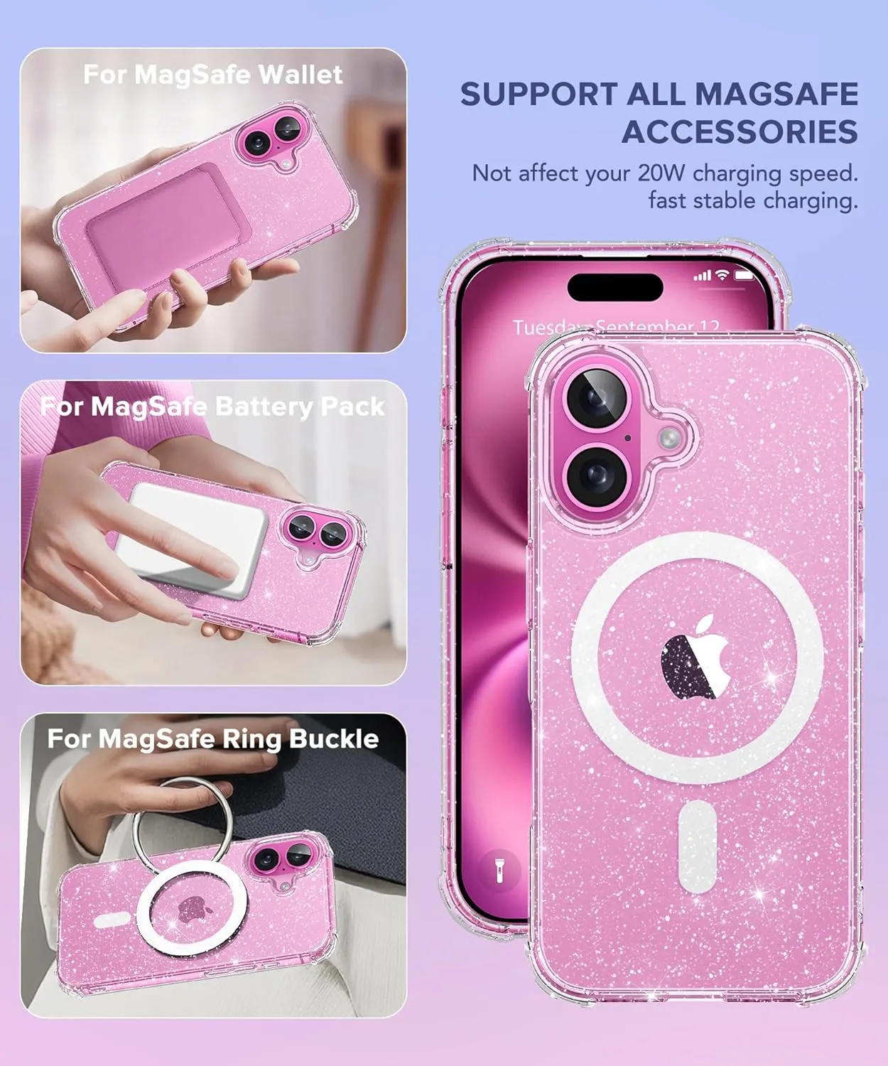 BERFY Compatible with iPhone 16 Plus Case, [Compatible with Magsafe], with 9H Tempered Screen Protector   Camera Lens Protector, Clear Sparkly Hard Phone Case for Women 6.7", Magnetic Shiny Clear