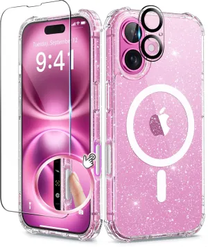 BERFY Compatible with iPhone 16 Plus Case, [Compatible with Magsafe], with 9H Tempered Screen Protector   Camera Lens Protector, Clear Sparkly Hard Phone Case for Women 6.7", Magnetic Shiny Clear
