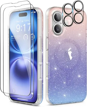 BERFY Compatible with iPhone 16 Plus Case Glitter, [5 in 1] with 2X Screen Protector   2X Camera Lens Protector, [Non-Yellowing] Clear Sparkle Shockproof Hard Phone Case for Women 6.7", Gradient