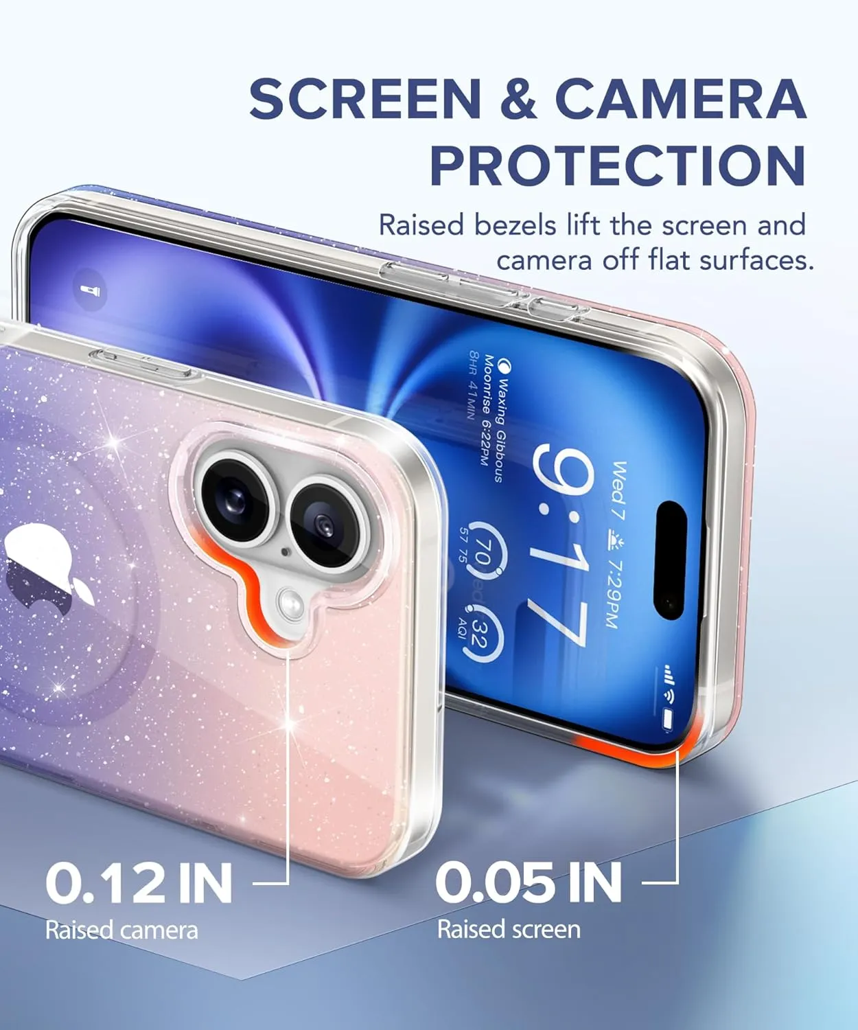 BERFY Compatible with iPhone 16 Plus Case Glitter, [5 in 1] with 2X Screen Protector   2X Camera Lens Protector, [Non-Yellowing] Clear Sparkle Shockproof Hard Phone Case for Women 6.7", Gradient
