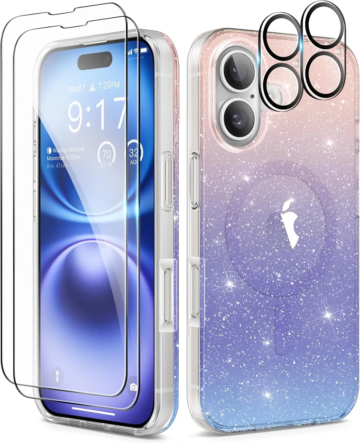 BERFY Compatible with iPhone 16 Plus Case Glitter, [5 in 1] with 2X Screen Protector   2X Camera Lens Protector, [Non-Yellowing] Clear Sparkle Shockproof Hard Phone Case for Women 6.7", Gradient