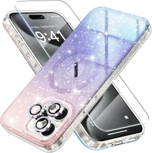 BERFY for iPhone 15 Pro Case Glitter 6.1", Compatible with Magsafe, Women Clear Bling Cute Magnetic Hard Phone Cover, [with 9H Tempered Screen Protector] [3X Diamond Camera Lens Protectors], Gradient