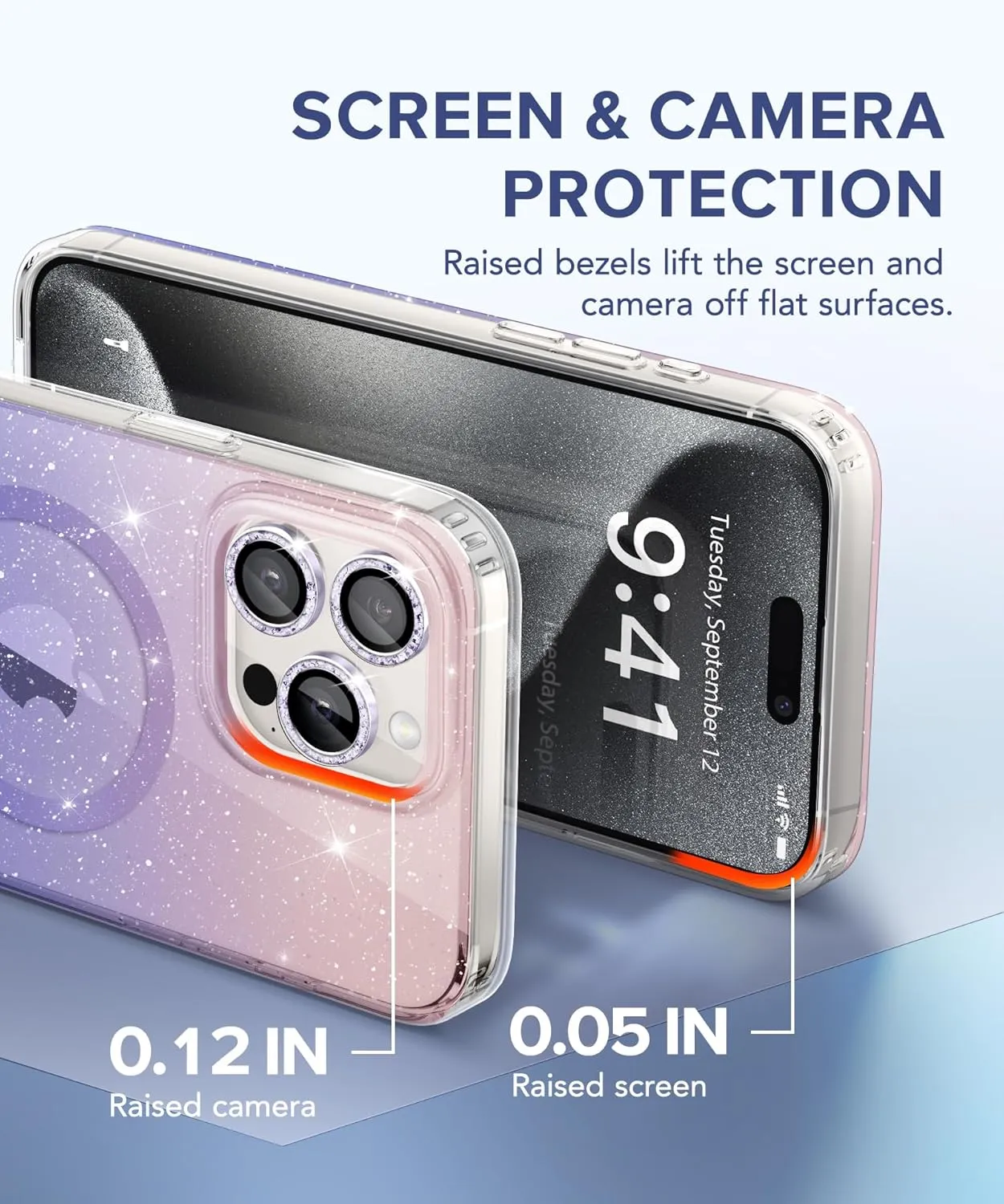 BERFY for iPhone 15 Pro Case Glitter 6.1", Compatible with Magsafe, Women Clear Bling Cute Magnetic Hard Phone Cover, [with 9H Tempered Screen Protector] [3X Diamond Camera Lens Protectors], Gradient