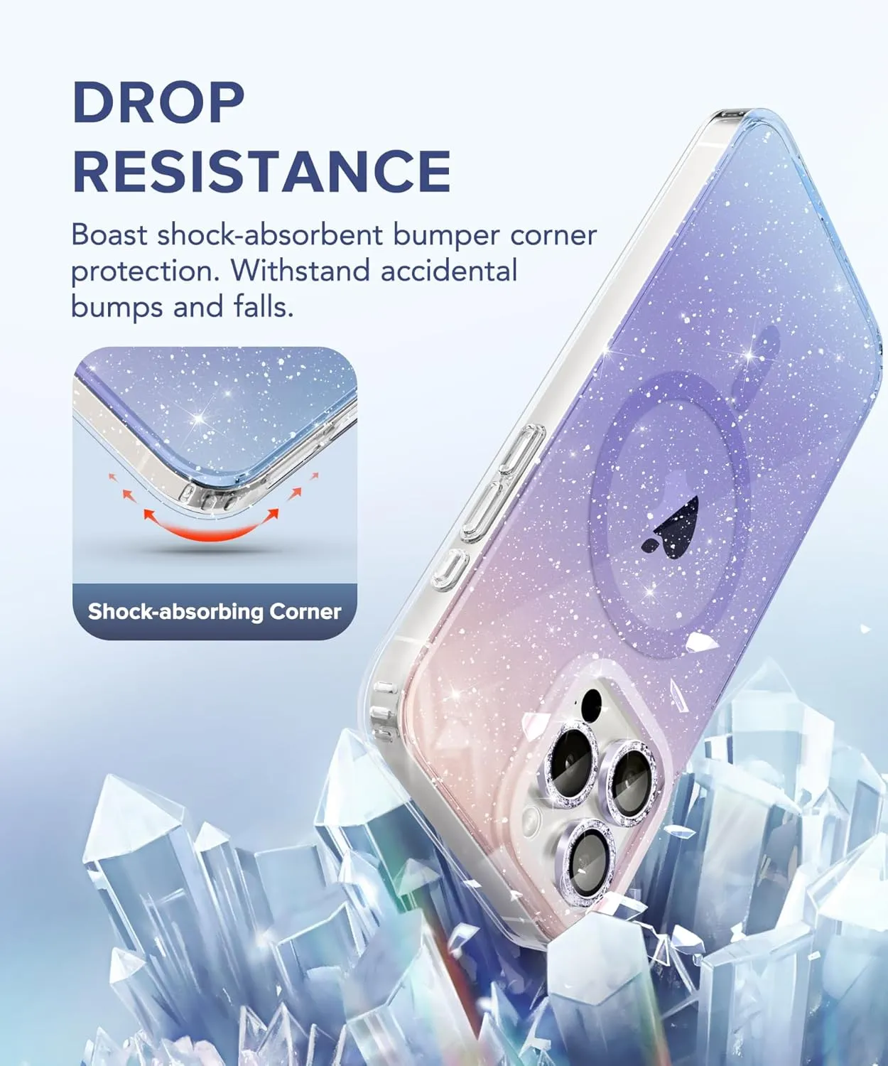 BERFY for iPhone 15 Pro Case Glitter 6.1", Compatible with Magsafe, Women Clear Bling Cute Magnetic Hard Phone Cover, [with 9H Tempered Screen Protector] [3X Diamond Camera Lens Protectors], Gradient