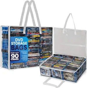 Besti Blu Ray Case Holder Organizer, Set of 2 Clear Plastic Bags with Handles for Storing Blurays, DVDs, CDs, Storage Bags for Video Game Cases, Holds Up To 90 Bluray and 60 DVD Cases (White)