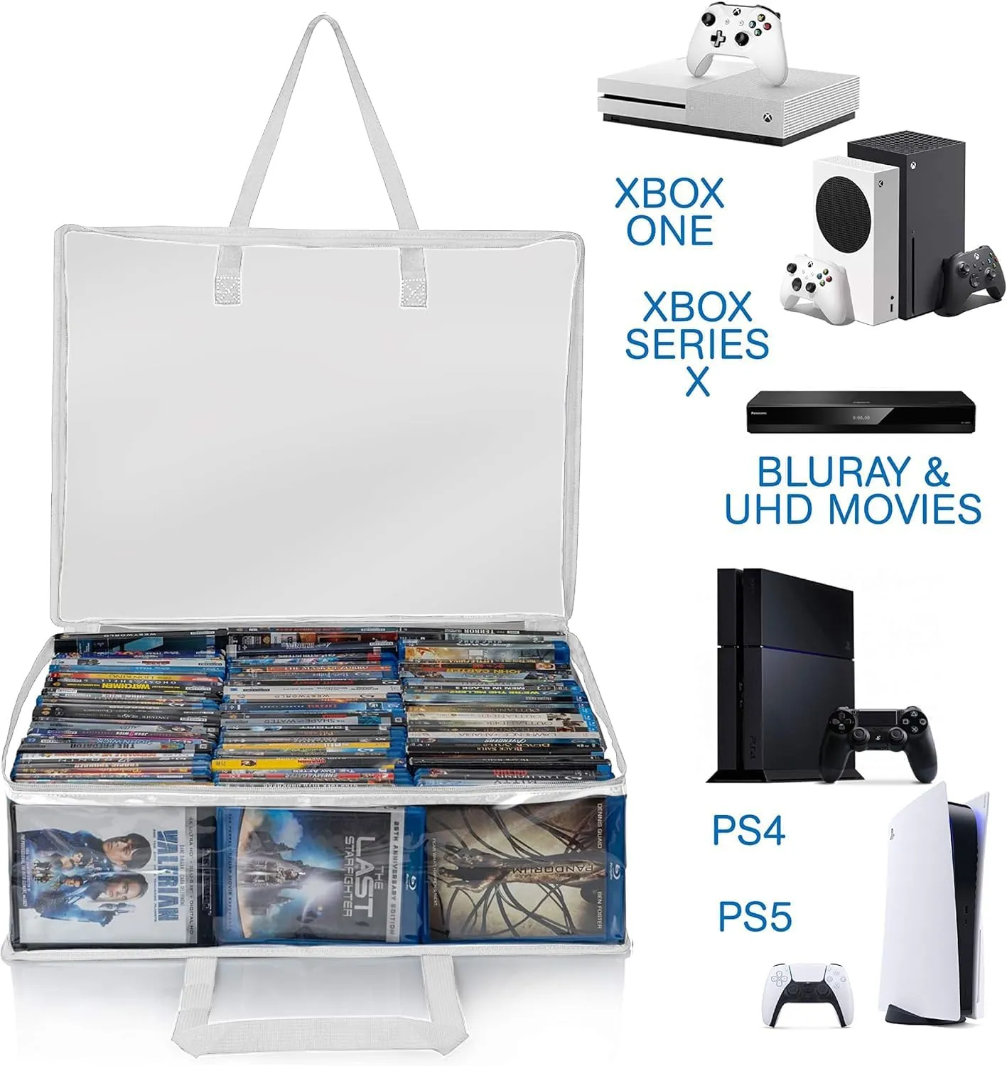 Besti Blu Ray Case Holder Organizer, Set of 2 Clear Plastic Bags with Handles for Storing Blurays, DVDs, CDs, Storage Bags for Video Game Cases, Holds Up To 90 Bluray and 60 DVD Cases (White)