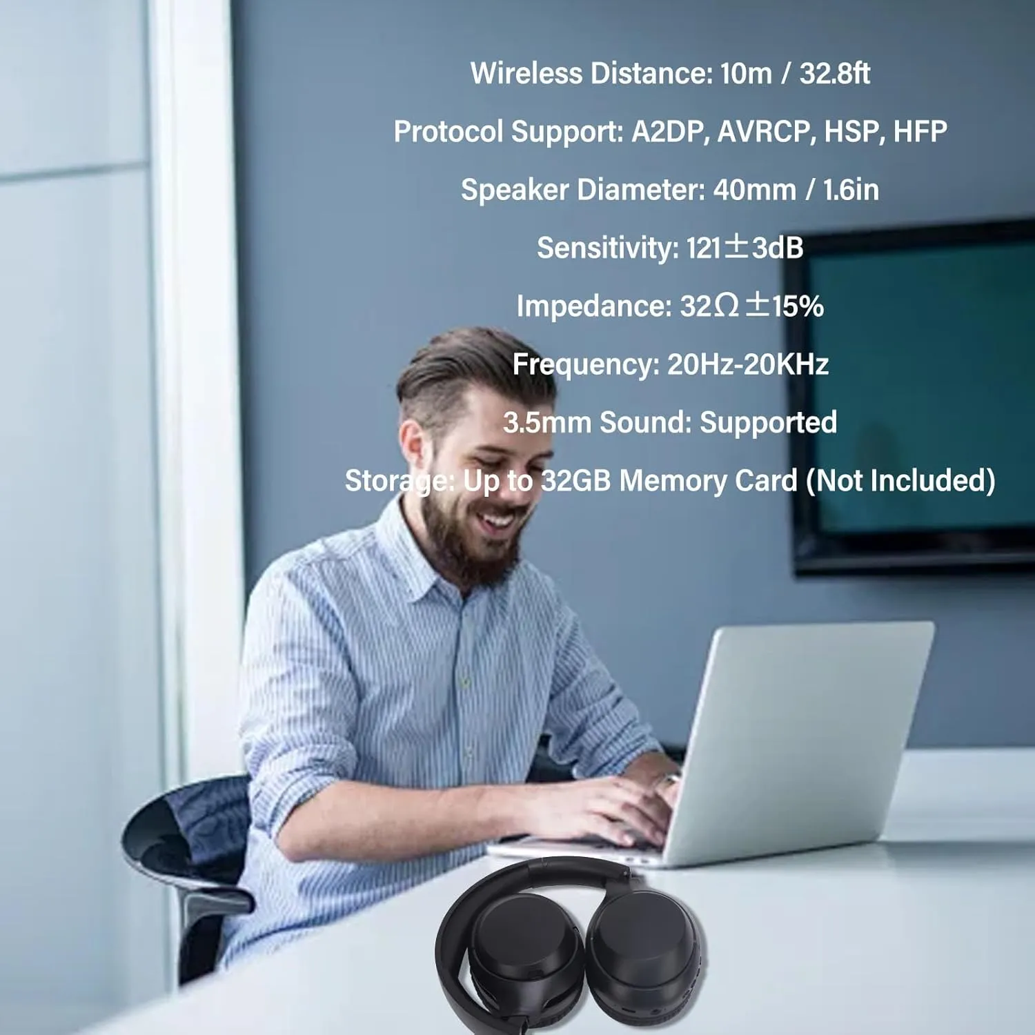 Bluetooth Headphones Over Ear, V5.3 Long Playtime Deep Bass Stereo Rechargeable Foldable Cordless Headset with 3.5mm Port, Supports A2DP, AVRCP, HSP, Protocols (Black)