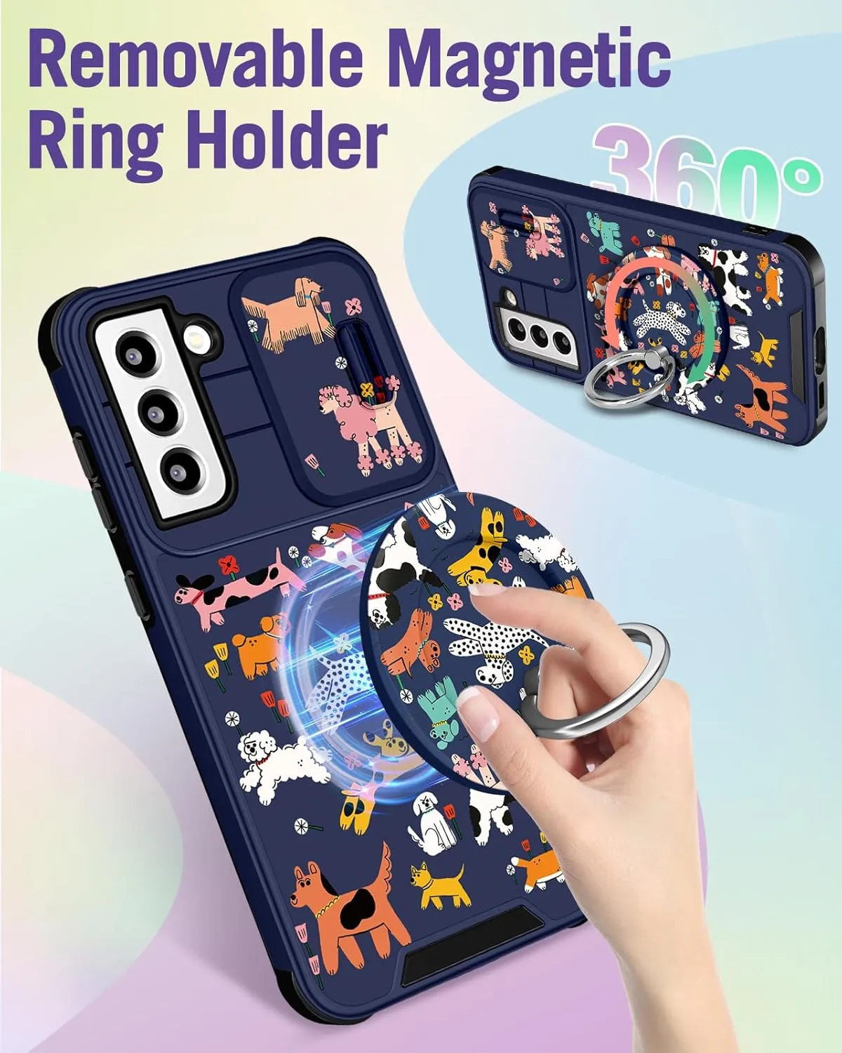 Buleens for Samsung Galaxy S21 Case 6.2 Inch - with Ring Stand & Camera Cover Aesthetic Cute Designed for Women Girls Girly Cartoon Kawaii Dogs for Samsung S21 Phone Case Compatible with Magsafe