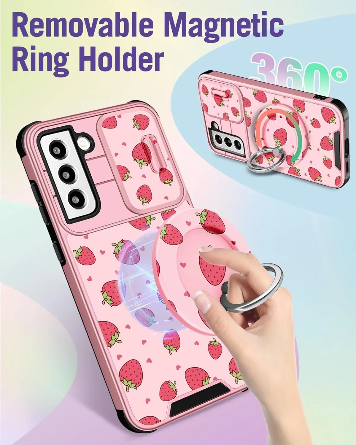 Buleens for Samsung Galaxy S21 Case 6.2 Inch - with Ring Stand & Camera Cover Aesthetic Cute Designed for Women Girls Girly Kawaii Pretty Strawberry for Samsung S21 Phone Case Compatible with Magsafe