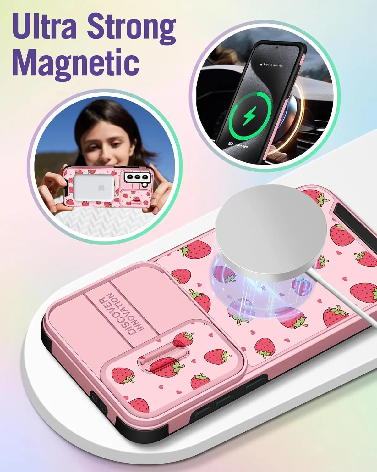 Buleens for Samsung Galaxy S21 Case 6.2 Inch - with Ring Stand & Camera Cover Aesthetic Cute Designed for Women Girls Girly Kawaii Pretty Strawberry for Samsung S21 Phone Case Compatible with Magsafe