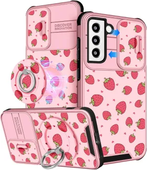 Buleens for Samsung Galaxy S21 Case 6.2 Inch - with Ring Stand & Camera Cover Aesthetic Cute Designed for Women Girls Girly Kawaii Pretty Strawberry for Samsung S21 Phone Case Compatible with Magsafe