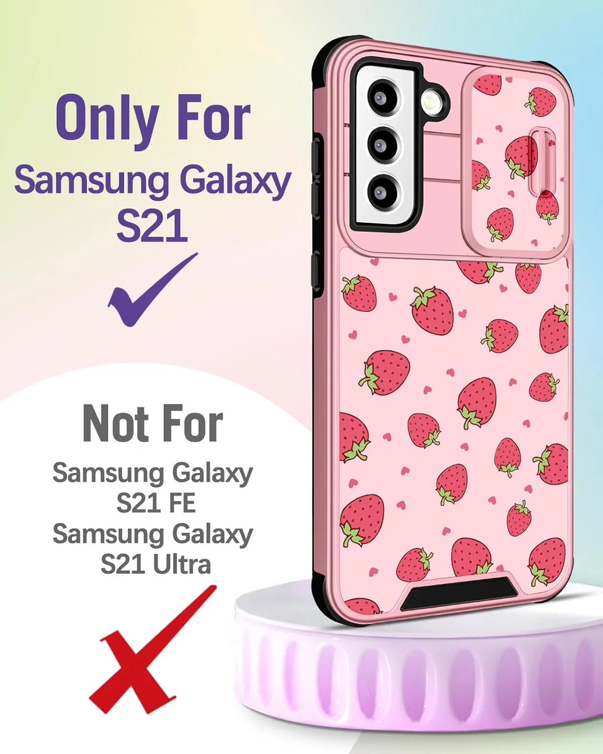 Buleens for Samsung Galaxy S21 Case 6.2 Inch - with Ring Stand & Camera Cover Aesthetic Cute Designed for Women Girls Girly Kawaii Pretty Strawberry for Samsung S21 Phone Case Compatible with Magsafe