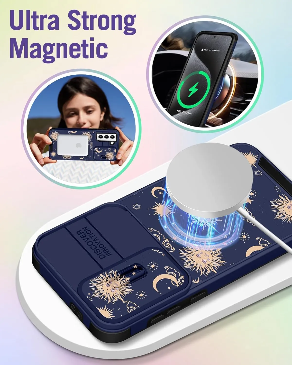 Buleens for Samsung Galaxy S21 Case 6.2 Inch - with Ring Stand & Camera Cover Aesthetic Cute Designed for Women Girls Girly Kawaii Sun Moon Stars for Samsung S21 Phone Case Compatible with Magsafe