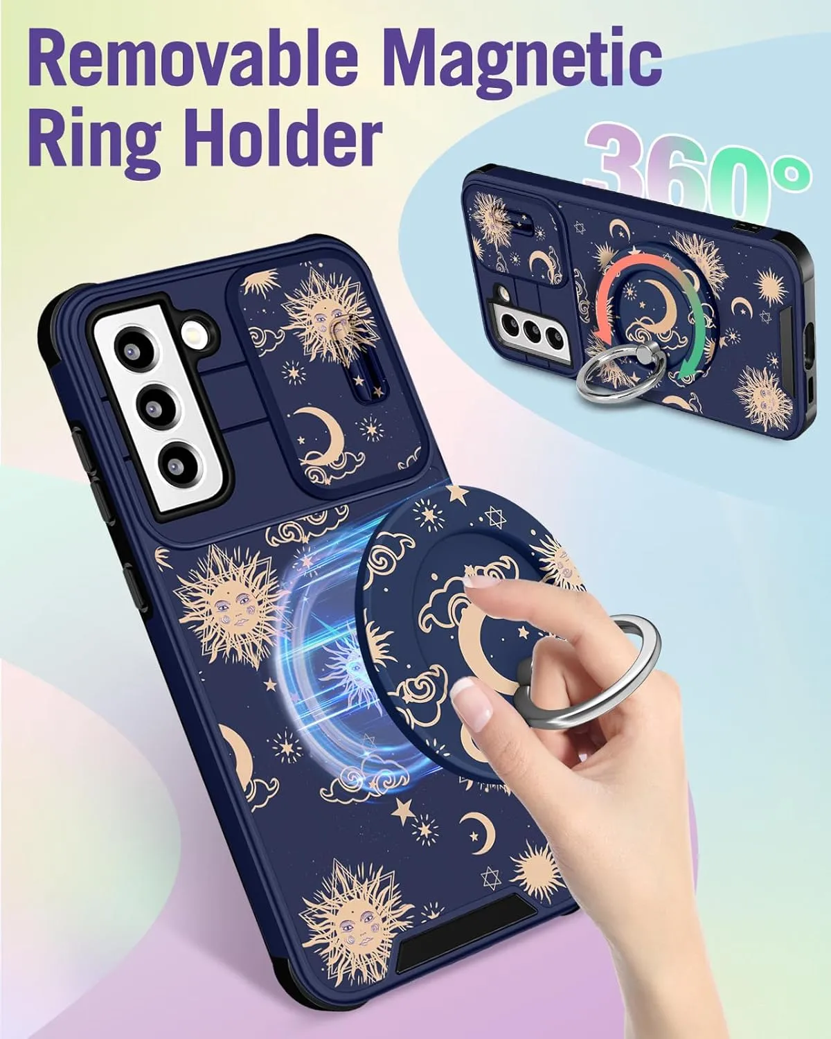 Buleens for Samsung Galaxy S21 Case 6.2 Inch - with Ring Stand & Camera Cover Aesthetic Cute Designed for Women Girls Girly Kawaii Sun Moon Stars for Samsung S21 Phone Case Compatible with Magsafe