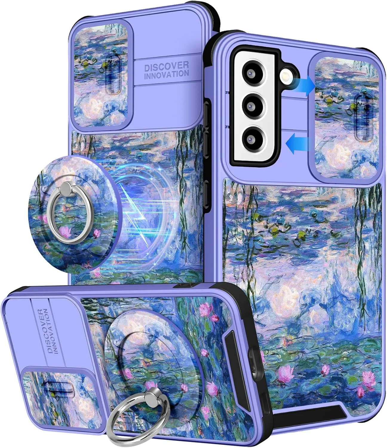 Buleens for Samsung Galaxy S21 Case 6.2 Inch - with Ring Stand & Camera Cover Aesthetic Cute Designed for Women Girls Girly Pretty Blue Water Lily for Samsung S21 Phone Case Compatible with Magsafe
