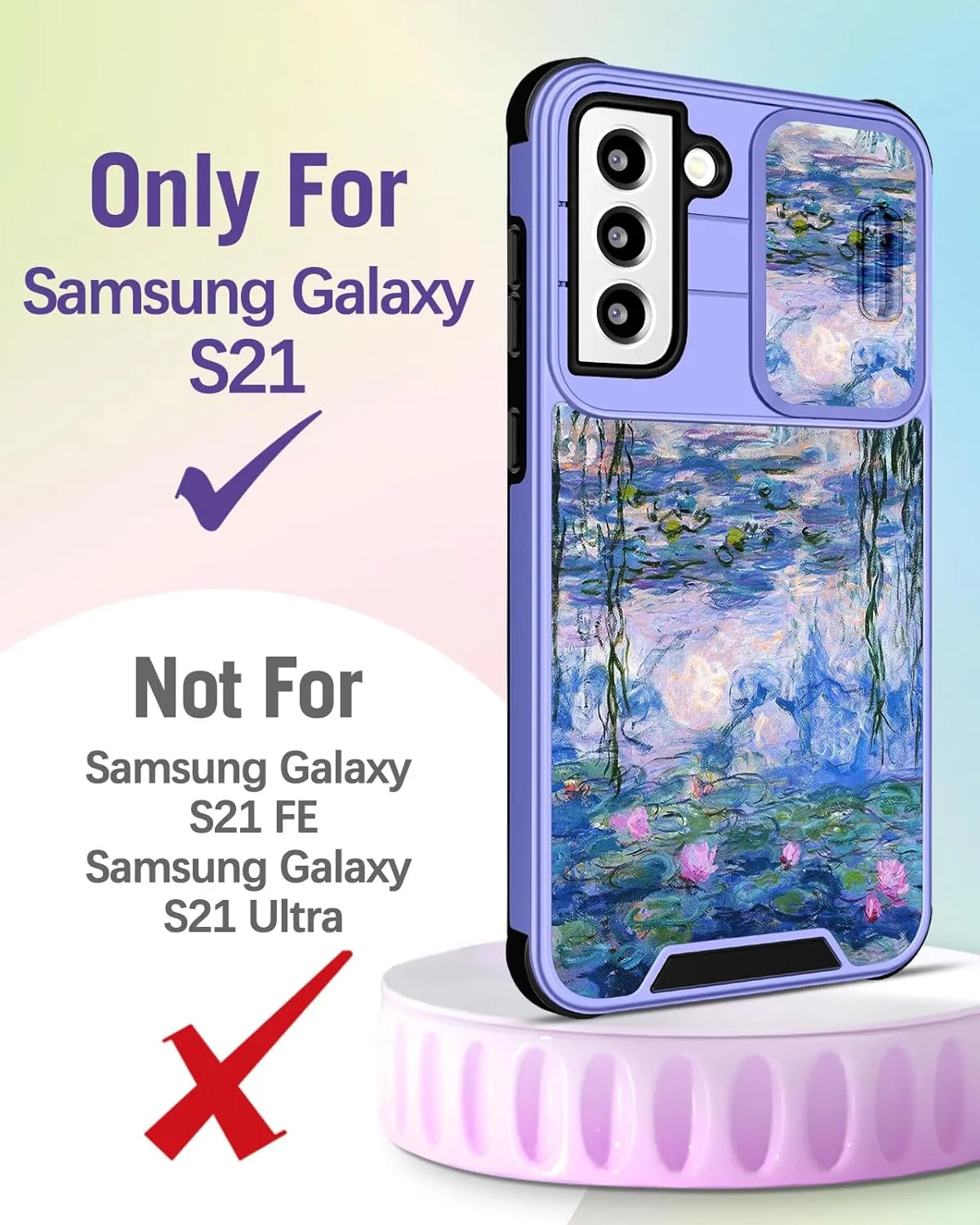Buleens for Samsung Galaxy S21 Case 6.2 Inch - with Ring Stand & Camera Cover Aesthetic Cute Designed for Women Girls Girly Pretty Blue Water Lily for Samsung S21 Phone Case Compatible with Magsafe