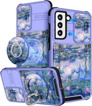 Buleens for Samsung Galaxy S21 Case 6.2 Inch - with Ring Stand & Camera Cover Aesthetic Cute Designed for Women Girls Girly Pretty Blue Water Lily for Samsung S21 Phone Case Compatible with Magsafe
