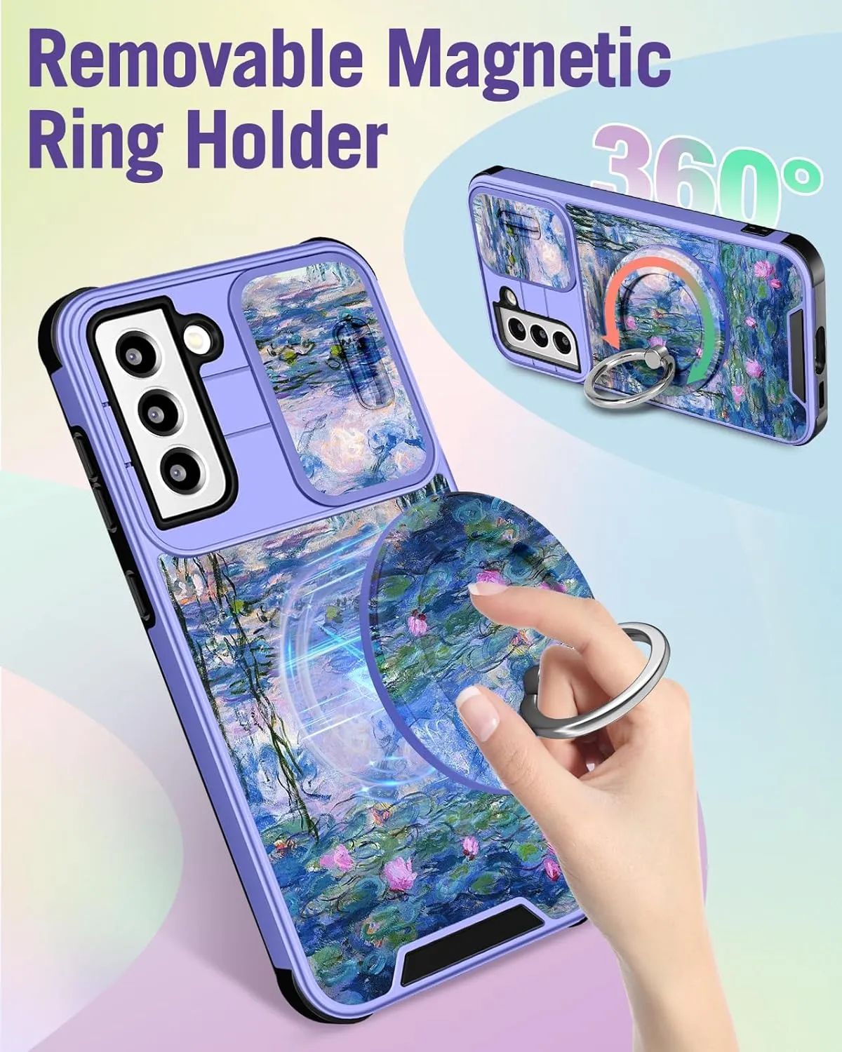 Buleens for Samsung Galaxy S21 Case 6.2 Inch - with Ring Stand & Camera Cover Aesthetic Cute Designed for Women Girls Girly Pretty Blue Water Lily for Samsung S21 Phone Case Compatible with Magsafe