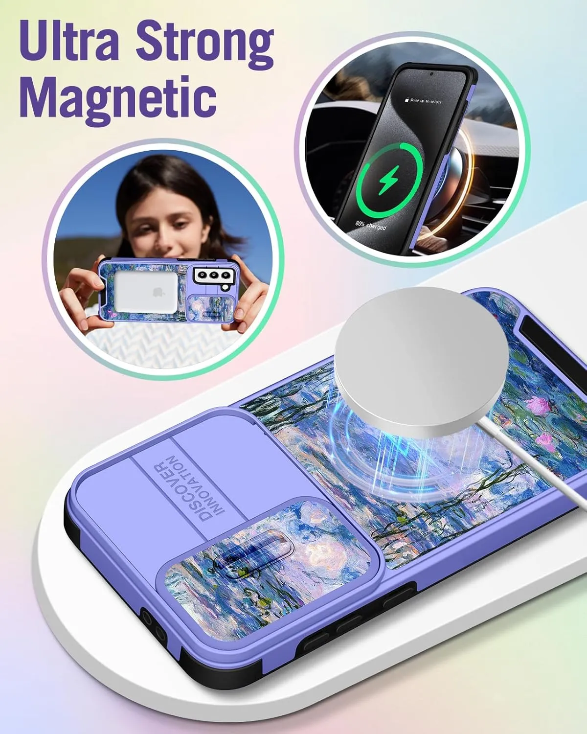 Buleens for Samsung Galaxy S21 Case 6.2 Inch - with Ring Stand & Camera Cover Aesthetic Cute Designed for Women Girls Girly Pretty Blue Water Lily for Samsung S21 Phone Case Compatible with Magsafe