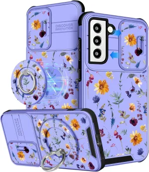 Buleens for Samsung Galaxy S21 Case 6.2 Inch - with Ring Stand & Camera Cover Aesthetic Cute Designed for Women Girls Girly Pretty Flowers Floral for Samsung S21 Phone Case Compatible with Magsafe