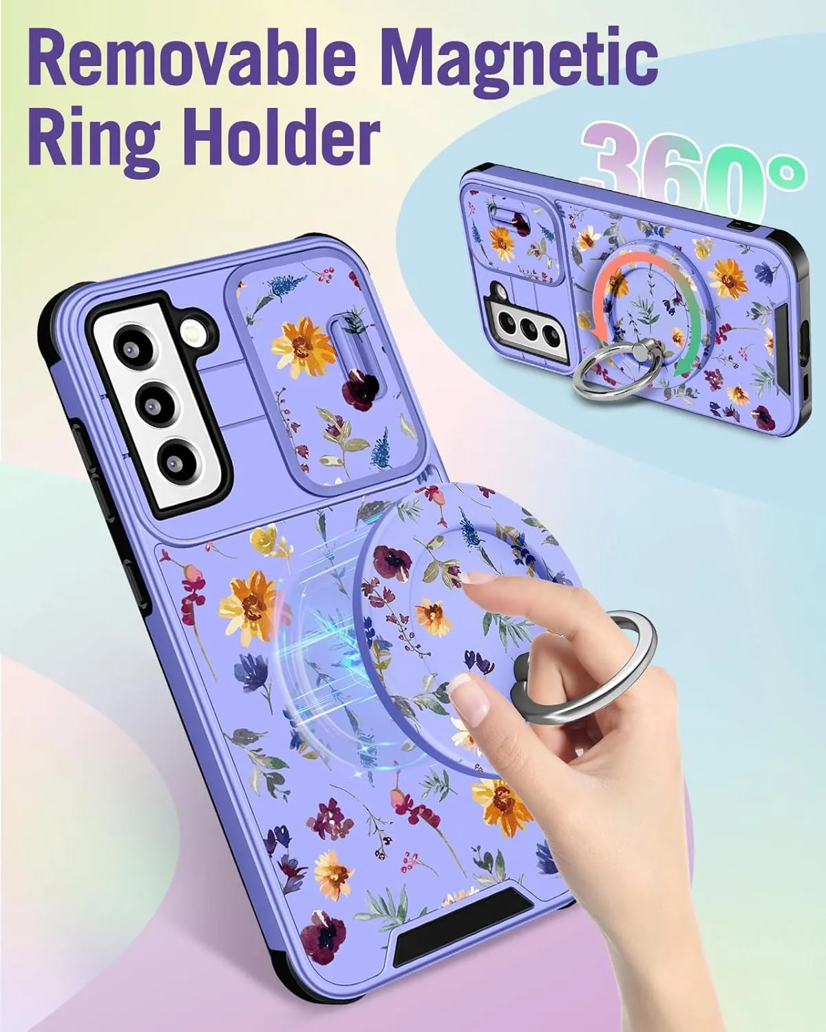 Buleens for Samsung Galaxy S21 Case 6.2 Inch - with Ring Stand & Camera Cover Aesthetic Cute Designed for Women Girls Girly Pretty Flowers Floral for Samsung S21 Phone Case Compatible with Magsafe