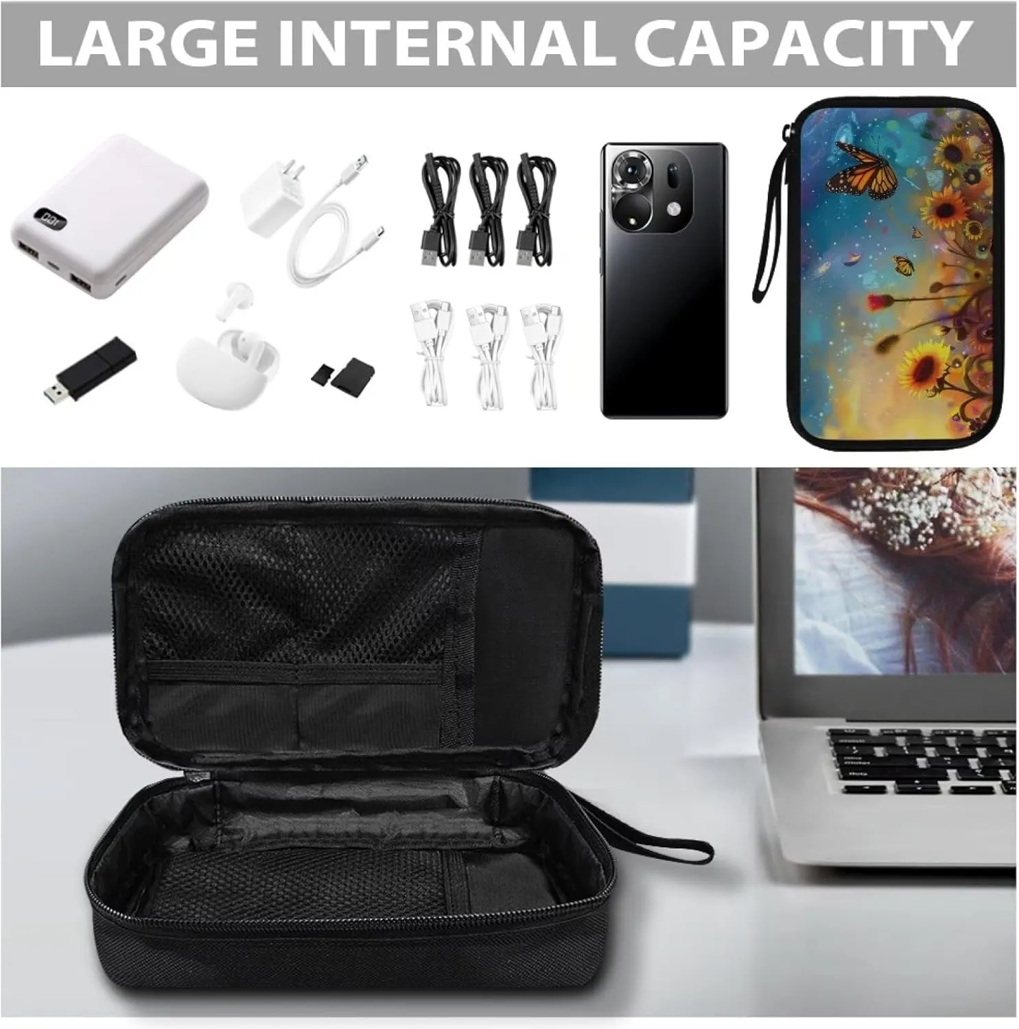 Butterfly Printed Travel Cable Organizer Pouch, Sunflower Printed Travel Cord Charger Organizer Case, Washable Travel Cable Organizer Pouch Electronic Accessories Carry Case