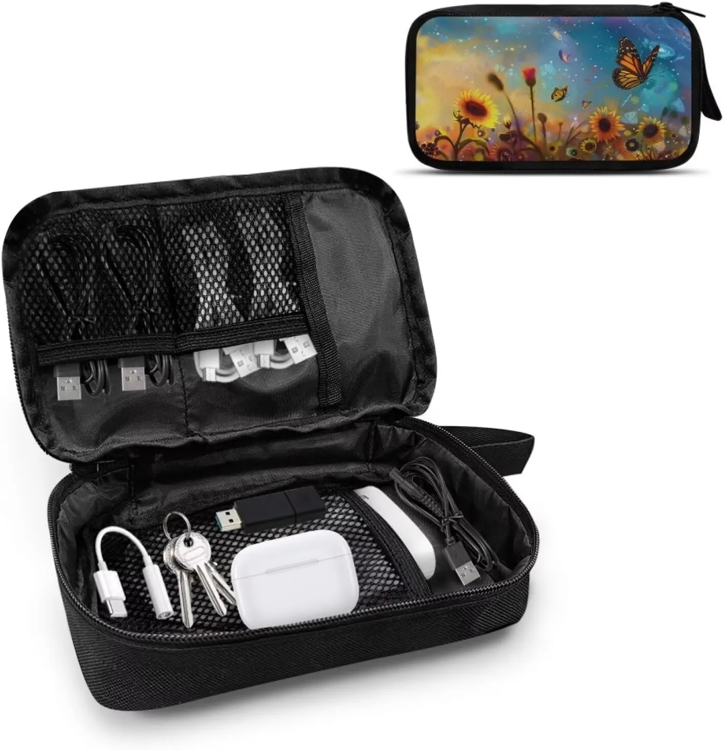 Butterfly Printed Travel Cable Organizer Pouch, Sunflower Printed Travel Cord Charger Organizer Case, Washable Travel Cable Organizer Pouch Electronic Accessories Carry Case