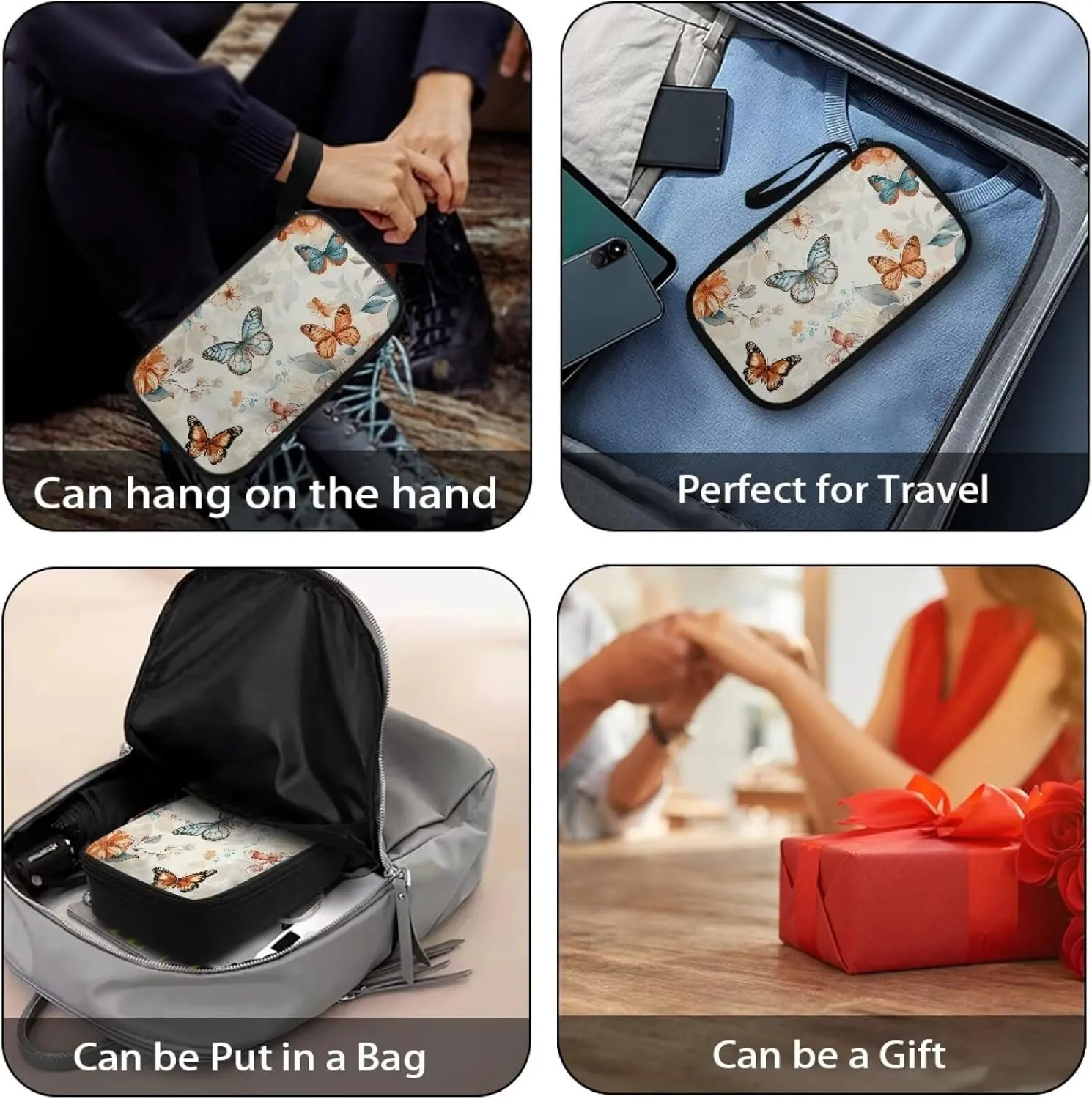 Butterfly Printed Travel Cable Organizer Pouch, Travel Cord Charger Organizer Case, Washable Travel Cable Organizer Pouch Electronic Accessories Carry Case
