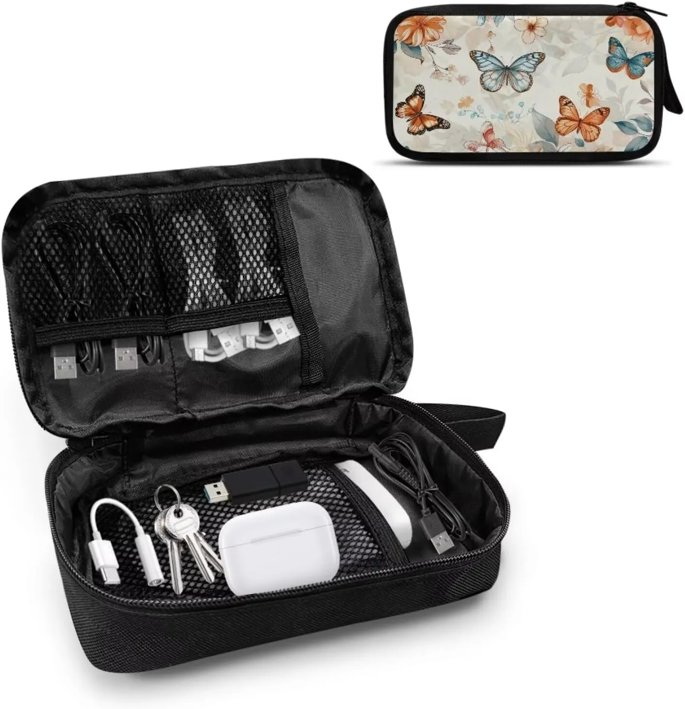 Butterfly Printed Travel Cable Organizer Pouch, Travel Cord Charger Organizer Case, Washable Travel Cable Organizer Pouch Electronic Accessories Carry Case