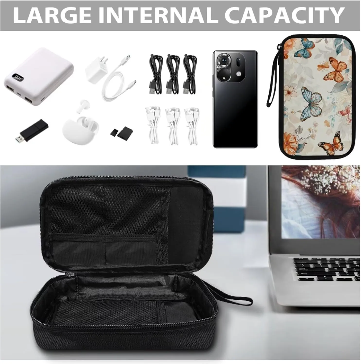 Butterfly Printed Travel Cable Organizer Pouch, Travel Cord Charger Organizer Case, Washable Travel Cable Organizer Pouch Electronic Accessories Carry Case