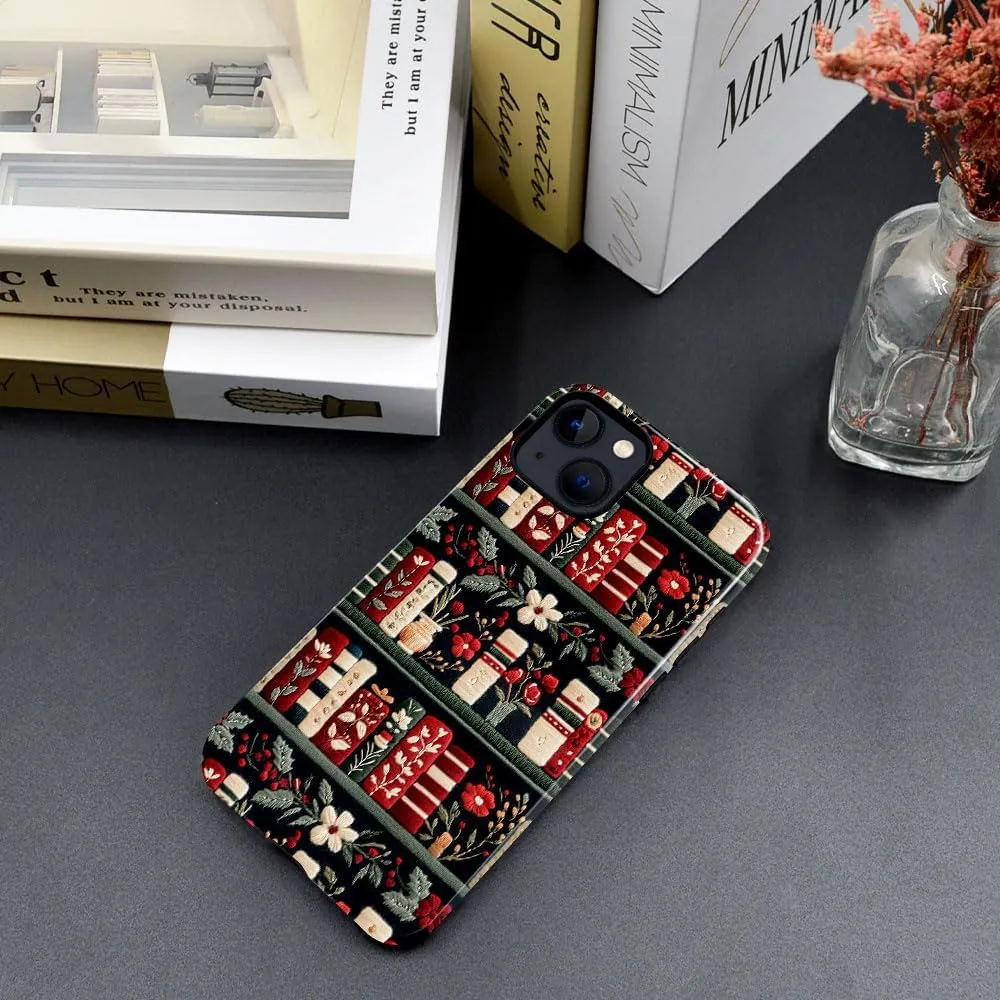 Case Compatible with iPhone 13 - Glossy Hybrid Durable Shockproof Cover,Cases for Woman Girl - Christmas Bookshelf Flower Books