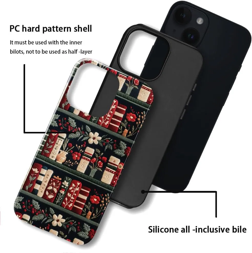 Case Compatible with iPhone 13 - Glossy Hybrid Durable Shockproof Cover,Cases for Woman Girl - Christmas Bookshelf Flower Books