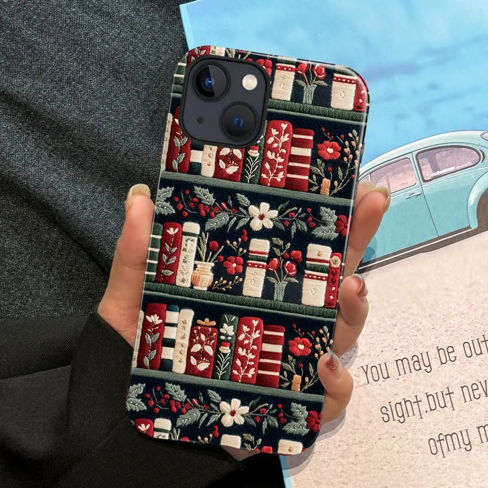 Case Compatible with iPhone 13 - Glossy Hybrid Durable Shockproof Cover,Cases for Woman Girl - Christmas Bookshelf Flower Books
