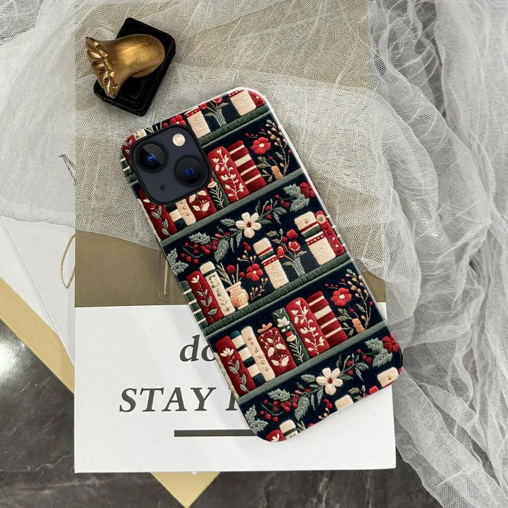 Case Compatible with iPhone 13 - Glossy Hybrid Durable Shockproof Cover,Cases for Woman Girl - Christmas Bookshelf Flower Books