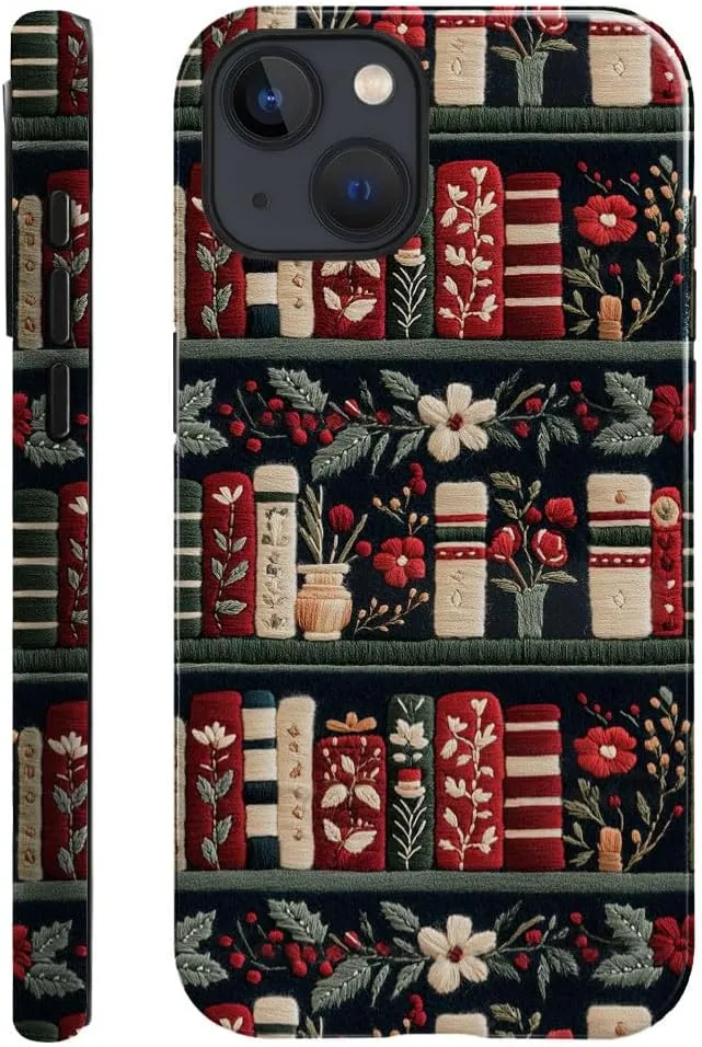 Case Compatible with iPhone 13 - Glossy Hybrid Durable Shockproof Cover,Cases for Woman Girl - Christmas Bookshelf Flower Books