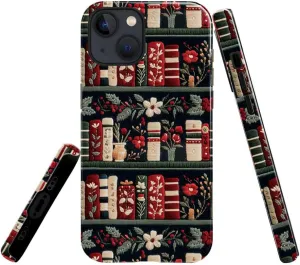 Case Compatible with iPhone 13 - Glossy Hybrid Durable Shockproof Cover,Cases for Woman Girl - Christmas Bookshelf Flower Books