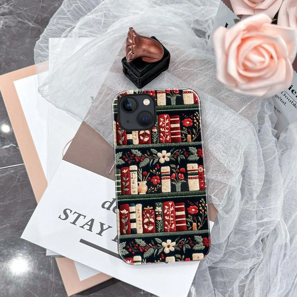 Case Compatible with iPhone 13 - Glossy Hybrid Durable Shockproof Cover,Cases for Woman Girl - Christmas Bookshelf Flower Books
