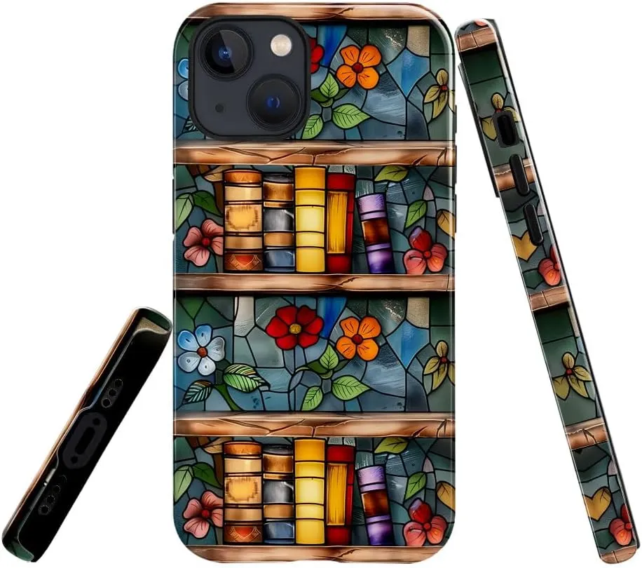 Case Compatible with iPhone 13 - Glossy Hybrid Durable Shockproof Cover,Cases for Woman Girl - Glass Floral Book Stained
