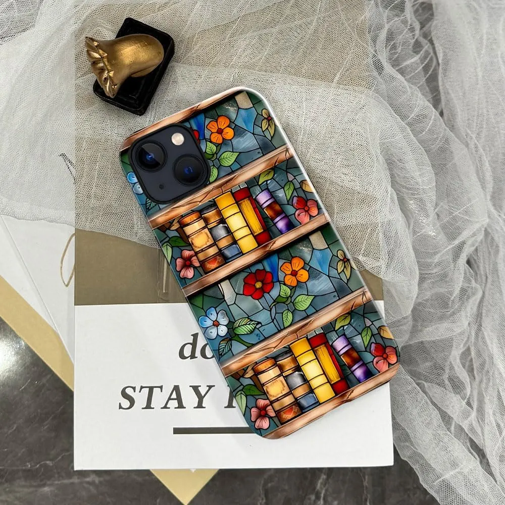 Case Compatible with iPhone 13 - Glossy Hybrid Durable Shockproof Cover,Cases for Woman Girl - Glass Floral Book Stained