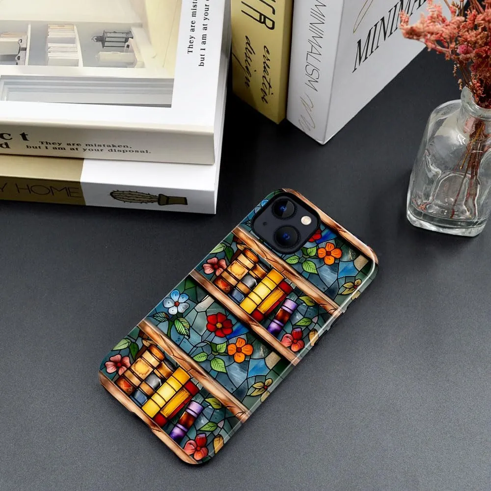 Case Compatible with iPhone 13 - Glossy Hybrid Durable Shockproof Cover,Cases for Woman Girl - Glass Floral Book Stained
