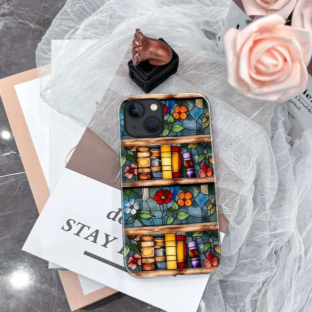 Case Compatible with iPhone 13 - Glossy Hybrid Durable Shockproof Cover,Cases for Woman Girl - Glass Floral Book Stained